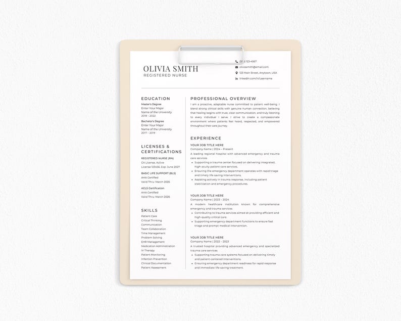 May include: A resume template for a Registered Nurse, featuring the name "Olivia Smith" at the top. The document is on a clipboard with a metal clip. The resume includes sections for education, licenses, skills, and professional overview.