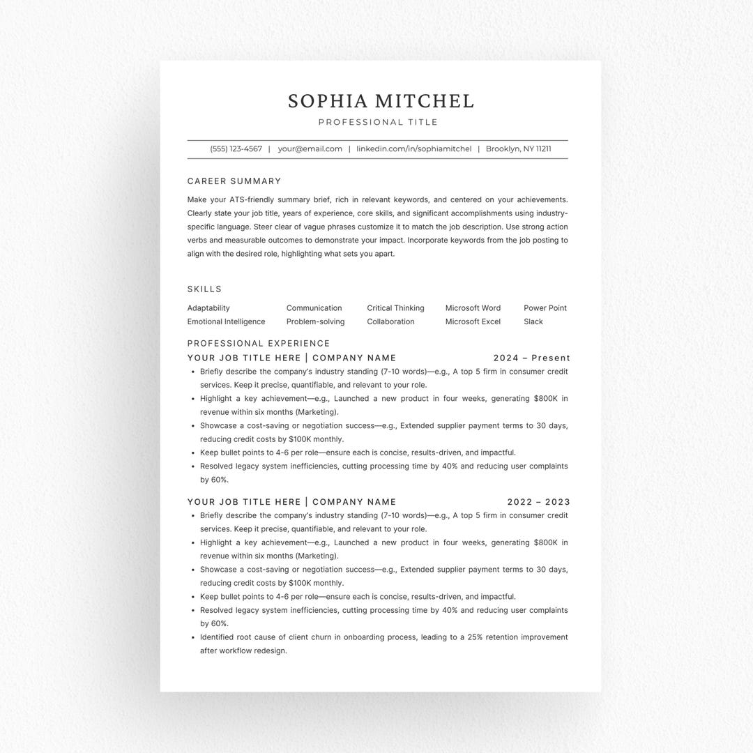 ATS Resume Template Canva, Word & Powerpoint | Professional Minimalist ...