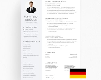 Lebenslauf Vorlage mit Foto Deutsch, Canva, Word, PowerPoint, Elegantes CV Design, Bewerbung Modern, Klar