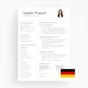 May include: A resume for Sophie Wagner, a project manager. The document includes personal contact information, language skills, qualifications, and work experience. The German flag is in the bottom right corner.