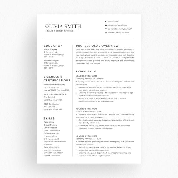 Registered Nurse Resume Template, RN CNA Resume, Nursing CV Canva Word PowerPoint, Modern Nurse Resume Instant Download