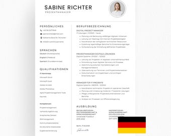 Elegante Lebenslauf Vorlage mit Foto, Canva, Word, PowerPoint, Moderner CV Deutsch, Minimalistisches Layout