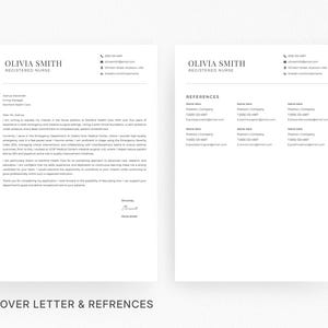 May include: Two-page resume template with a cover letter and references. The documents are in black text on a white background. The cover letter includes the name "Olivia Smith, Registered Nurse". The references page lists contact information.