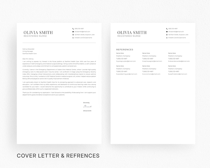 May include: Two-page resume template with a cover letter and references. The documents are in black text on a white background. The cover letter includes the name "Olivia Smith, Registered Nurse". The references page lists contact information.