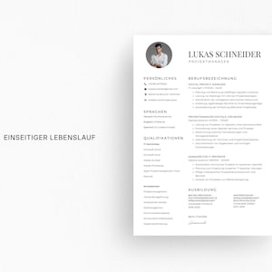 Op de afbeelding: Een wit cv-sjabloon met de naam "Lukas Schneider" en de titel "Projektmanager" bovenaan. Het cv bevat secties voor persoonlijke informatie, functietitel, talen, kwalificaties en opleiding. De tekst "EINSEITIGER LEBENSLAUF" staat linksonder.