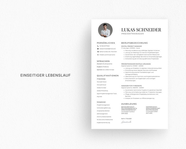 Op de afbeelding: Een wit cv-sjabloon met de naam "Lukas Schneider" en de titel "Projektmanager" bovenaan. Het cv bevat secties voor persoonlijke informatie, functietitel, talen, kwalificaties en opleiding. De tekst "EINSEITIGER LEBENSLAUF" staat linksonder.