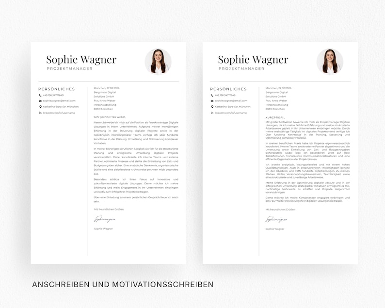May include: Two-page resume template with the name "Sophie Wagner" at the top, along with a professional headshot. The left page contains personal details and a brief introduction. The right page features a detailed profile and work experience.