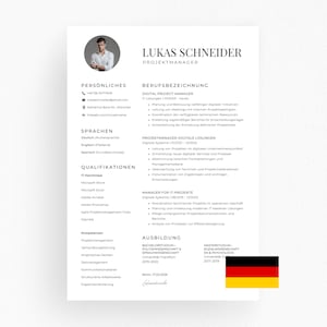 Op de afbeelding: Een professionele cv-sjabloon met de naam LUKAS SCHNEIDER en de titel PROJECT MANAGER. Het cv bevat secties voor persoonlijke informatie, talen, kwalificaties en werkervaring. Een Duitse vlag staat in de rechter benedenhoek.