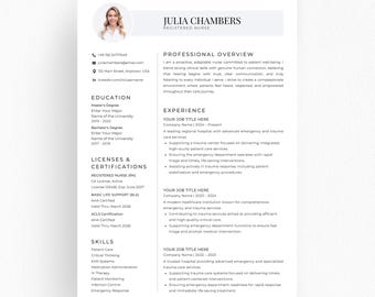 May include: A professional resume template featuring a clean white layout with black text. It includes a circular headshot of a person, a name header for Julia Chambers, and sections for professional overview, education, experience, and skills.