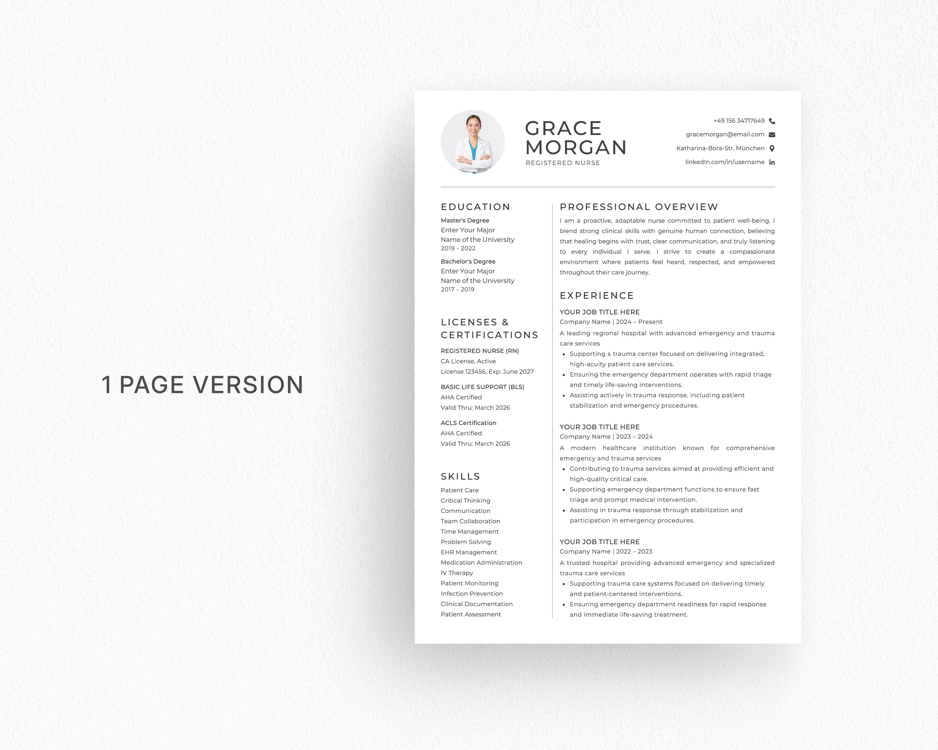 Nurse Resume Template Canva Word Powerpoint, RN CNA CV, New Grad ...