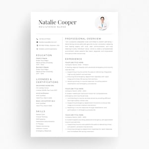 May include: A professional resume template for a Registered Nurse, featuring contact information, education, licenses, skills, and work experience. The resume includes a professional overview and details of previous job roles.