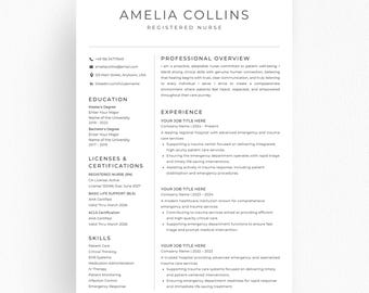 May include: A professional resume template for a registered nurse named Amelia Collins. The document features a clean, two-column layout with sections for professional overview, education, licenses, certifications, experience, and skills.
