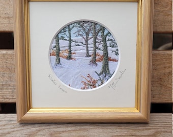 Winter Trees. An original piece of textile art inspired by the beautiful rural landscape using free machine embroidery. An ideal gift!