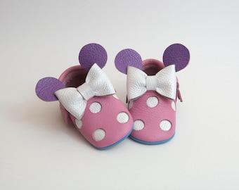 Mocasines de bebé Mickey Mouse, zapatos Disney, zapatos Minnie, stock nuevo, suela suave de cuero genuino,