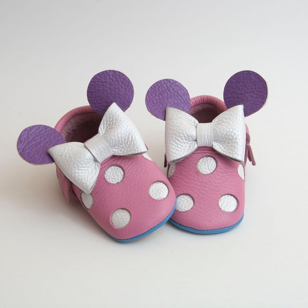 Mickey Mouse Shoes, Baby Shoes, Disney Baby Shoes, Minnie Mouse with white Dots shoes, New Stock Soft Soled Leather Baby Shoes.