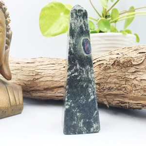 Può includere: Un cristallo a forma di obelisco verde scuro con un'inclusione arrotondata e colorata. Il cristallo è esposto con una statua di Buddha in bronzo e un pezzo di legno. Una piccola pianta in vaso è sullo sfondo.