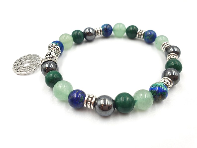 Pulsera de curación con cristales para aliviar el eczema con dije de chakra (azurita, malaquita, hematita y aventurina verde) - Tamaños personalizados disponibles. imagen 6