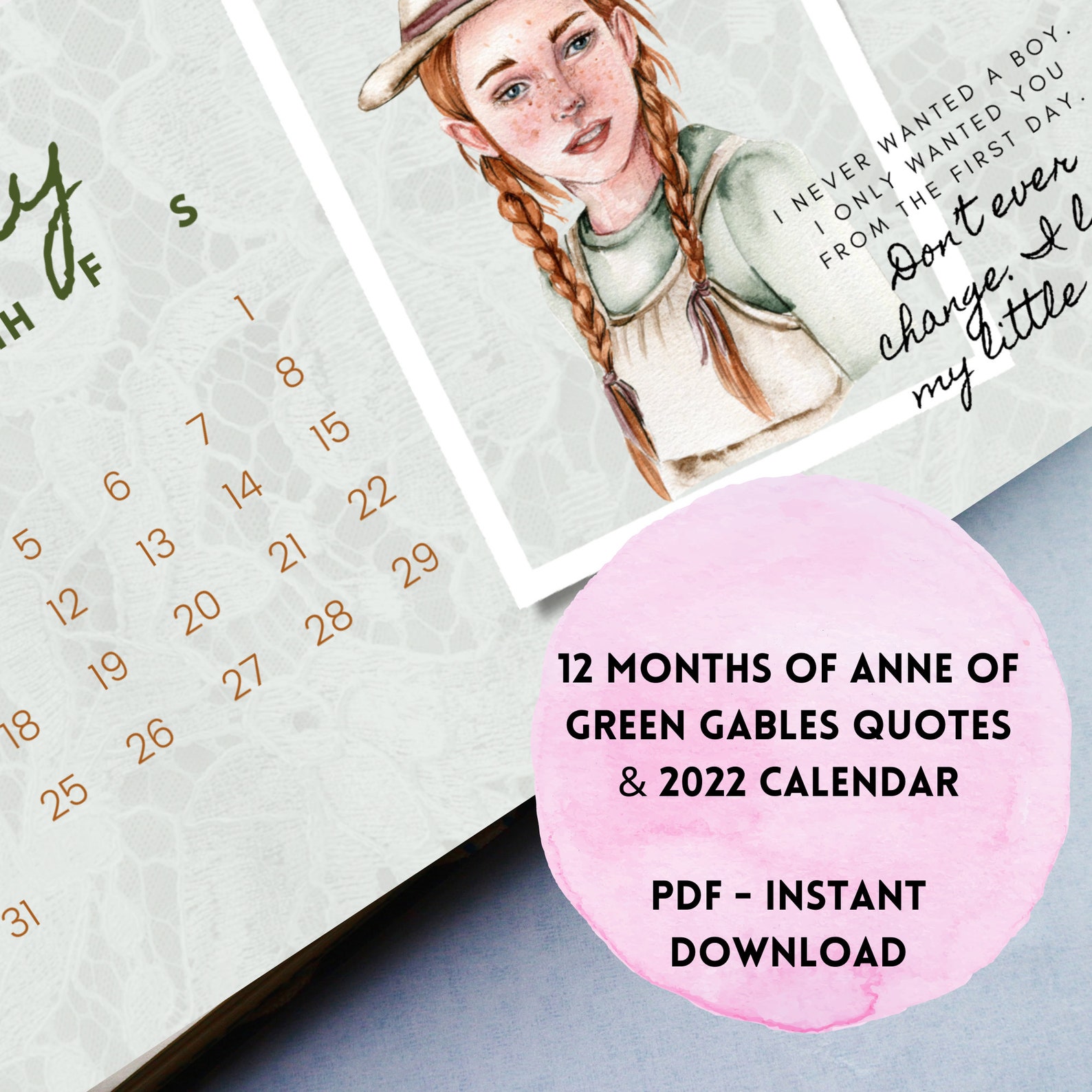 Anne of Green Gables Calendar 2022, Printable Calendar 2022 11x8.5