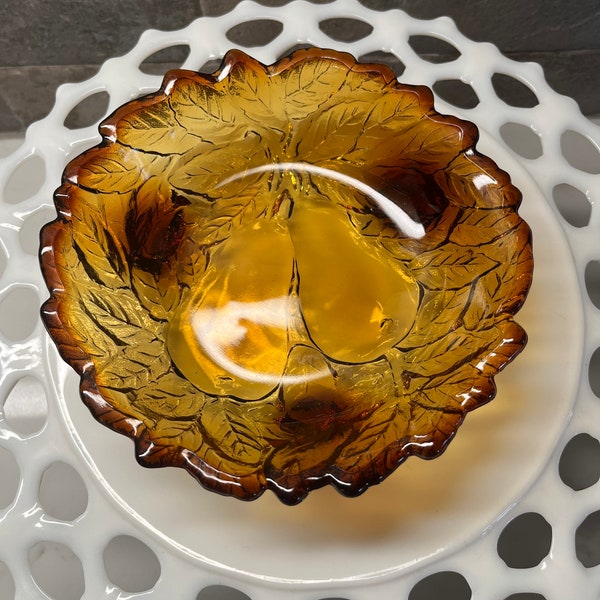 Tiara Indiana Amber Glass Sweet Pear 3-Footed Bowl