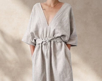 Women Linen Oversized Dress - Midi Length Spring Dress - Long Midcalf Belt Dress