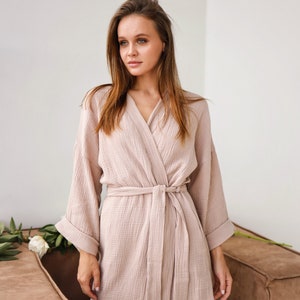 Womens Muslin Robe Lightweight Double Gauze Robes Soft Summer Short Beach Cover Up Robe Turkish Cotton Female Pink Beige Bathrobe Pinky Beige