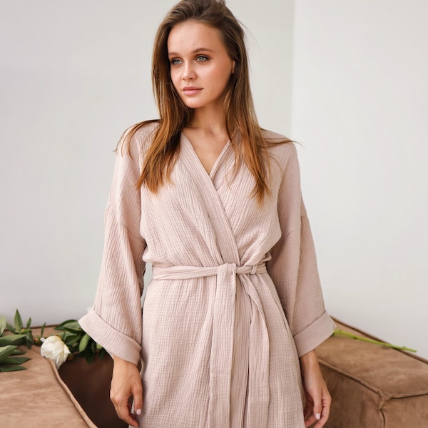 Womens Muslin Robe - Lightweight Double Gauze Robes - Soft Summer Short Beach Cover Up Robe - Turkish Cotton Female Pink Beige Bathrobe