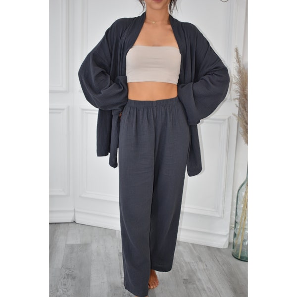 100% Muslin Cotton Lounge Wear Set Outfits For Women – Summer Womens Two Piece Sets – Kimono Robe Wide Leg Pants - Loungewear Set