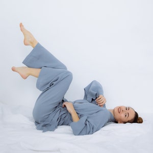 100% Muslin Cotton Lounge Wear Set Outfits For Women – Summer Womens Two Piece Sets – Kimono Robe Wide Leg Pants - Loungewear Set Light Blue
