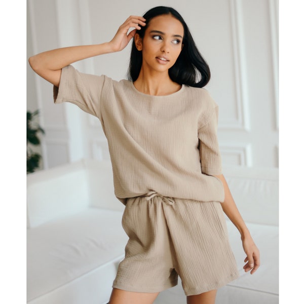 Muslin Cotton Womens Pajama Sets - Short Sleeve and Shorts Pajamas - Summer Outfit for Women - Soft 2 Piece Women Pj Tan Loungewear