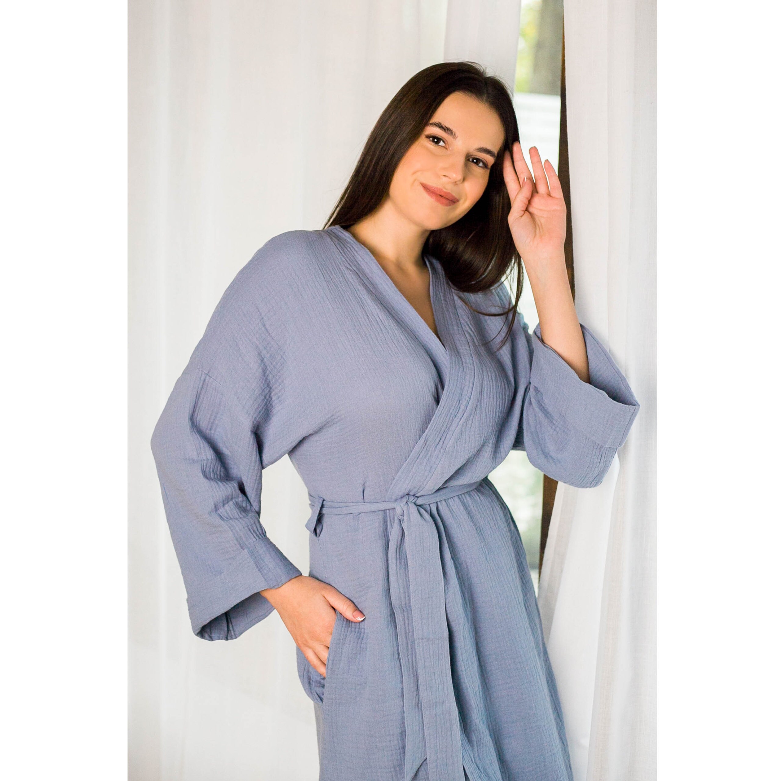 Womens Muslin Robe Lightweight Double Gauze Robes Soft Summer Short Beach Cover up Robe Cotton