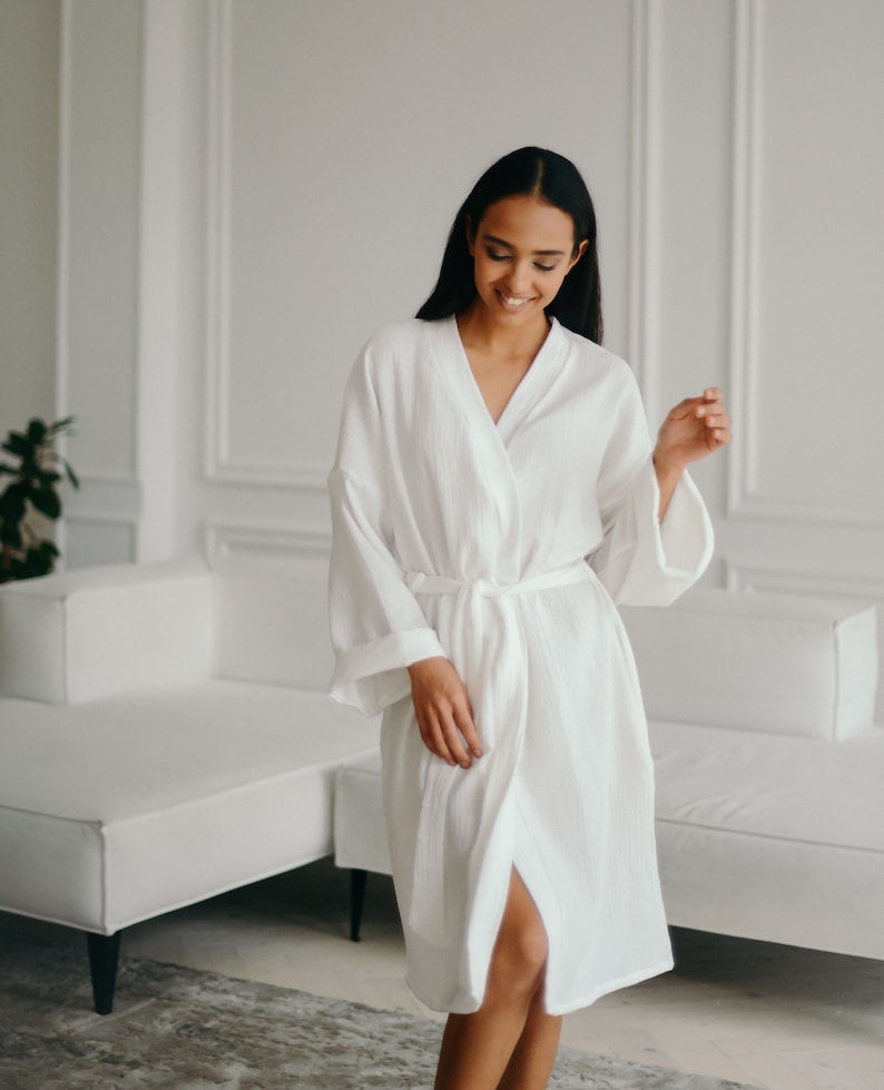 Womens Muslin Robe - Lightweight Double Gauze Robes - Soft Summer Short Beach Cover Up Robe image 2