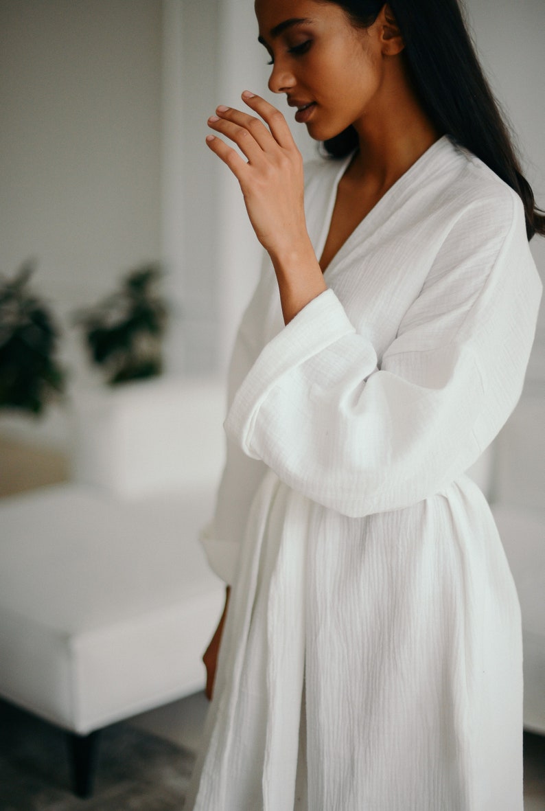 Womens Muslin Robe - Lightweight Double Gauze Robes - Soft Summer Short Beach Cover Up Robe image 3