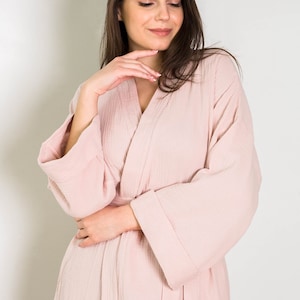 Womens Muslin Robe Lightweight Double Gauze Robes Soft Summer Short Beach Cover Up Robe Turkish Cotton Female Pink Beige Bathrobe image 3