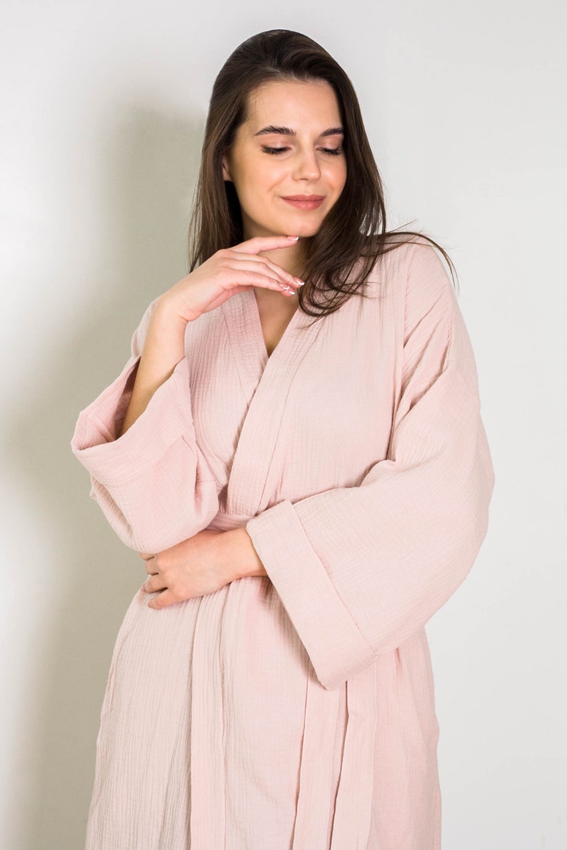 Womens Muslin Robe Lightweight Double Gauze Robes Soft Summer Short Beach Cover Up Robe Turkish Cotton Female Pink Beige Bathrobe image 3