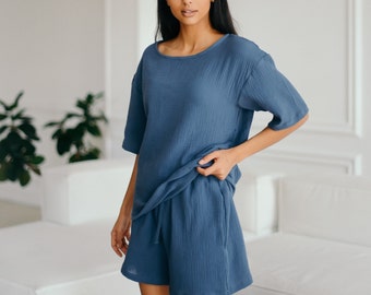 Musselin Baumwolle Damen Pyjama Sets - Blau Grau Kurzarm und Shorts Pyjama - Sommer Outfit für Frauen - Weich 2 Stück Frauen Pj Loungewear