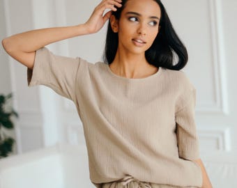 Muslin Cotton Womens Top - Short Sleeve T Shirt - Summer Top - Soft Women Tan Loungewear
