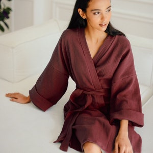 Womens Muslin Robe Lightweight Double Gauze Robes Soft Summer Short Beach Cover Up Robe Turkish Cotton Female Pink Beige Bathrobe image 9