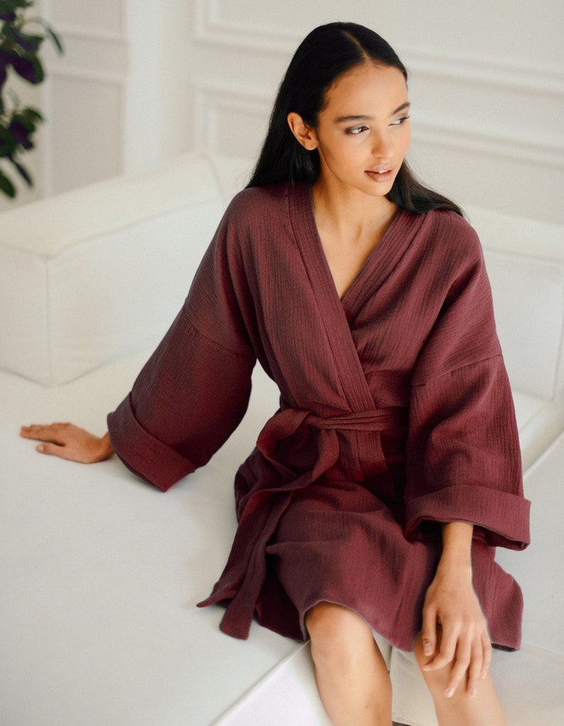 Womens Muslin Robe Lightweight Double Gauze Robes Soft Summer Short Beach Cover Up Robe Turkish Cotton Female Pink Beige Bathrobe Maroon Red