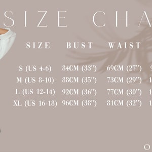 May include: White robe with a tie waist, next to a size chart. The chart lists bust, waist, and hip measurements in inches and centimeters for sizes S to XL. The text "SIZE CHART" is at the top.