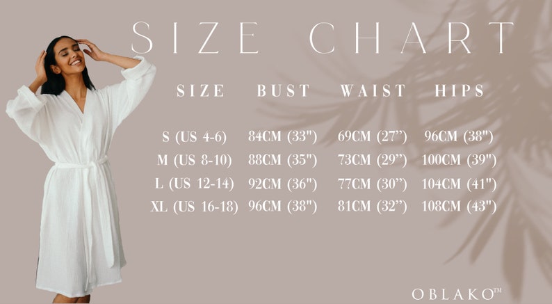 May include: White robe with a tie waist, next to a size chart. The chart lists bust, waist, and hip measurements in inches and centimeters for sizes S to XL. The text "SIZE CHART" is at the top.