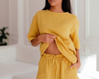 Ensembles de pyjama pour femme en mousseline de coton - Pyjama à manches courtes et short - Tenue d'été pour femme - Pyjama 2 pièces doux pour femme jaune