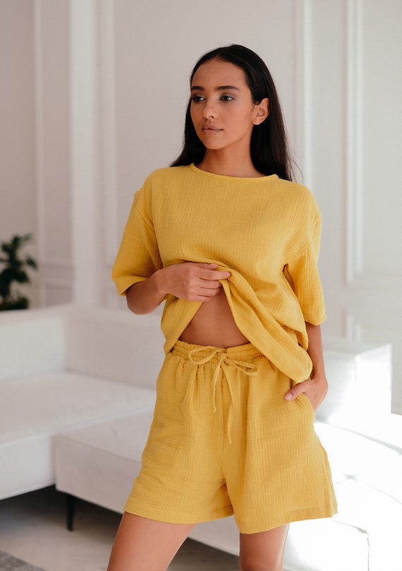 Muslin Cotton Womens Pajama Sets Short Sleeve and Shorts Pajamas Summer  Outfit for Women Soft 2 Piece Women Pj Yellow Loungewear 