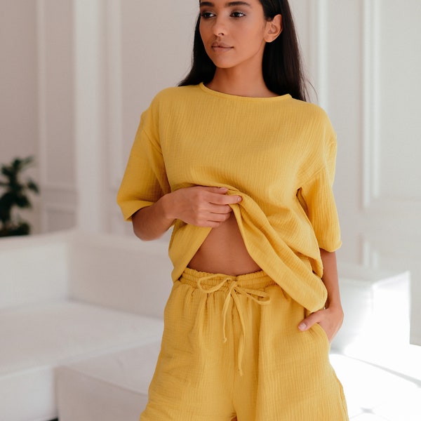 Musselin Baumwolle Damen Pyjama Sets - Kurzarm und Shorts Pyjama - Sommer Outfit für Frauen - Weiche 2-teilige Frauen Pj Gelb Loungewear