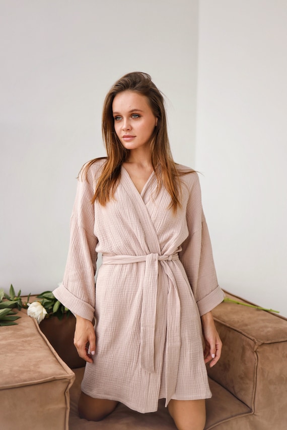 Womens Muslin Robe Lightweight Double Gauze Robes Soft Summer Short Beach  Cover up Robe Turkish Cotton Female Pink Beige Bathrobe 