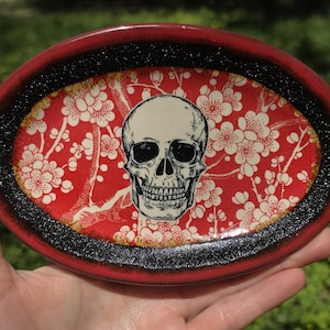 Ceramic Skull Soap Dish, cherry blossom ceramic human skull art, macabre home decor, decorative skull bathroom soap dish goth jewelry holder