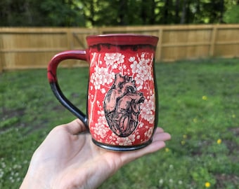 Unique Ceramic Human Heart Cherry Blossom Mug - spooky human skull decor, bloody heart mug, cardiology doctor gifts for her, Mother's Day