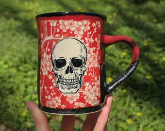 Flower Skull Mug, birthday gift for oddity lover, floral skull gift for goth girlfriend, skull print ring dish, bloody skull coffee mug