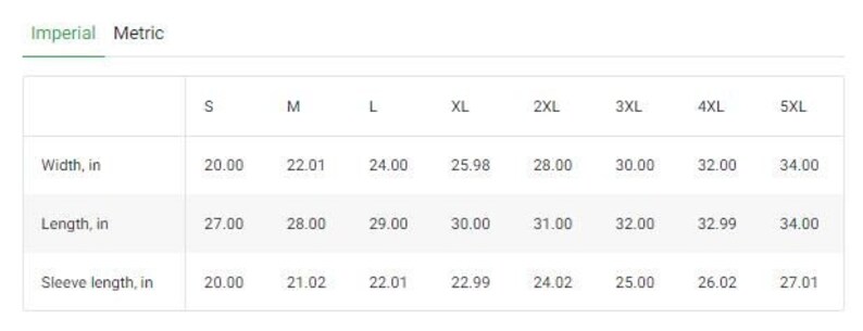 May include: A table displaying garment measurements in inches. The table includes width, length, and sleeve length for sizes S through 5XL. Width measurements range from 20.00 to 34.00 inches. Length measurements range from 27.00 to 34.00 inches.
