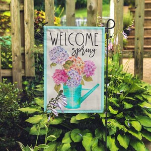 Welcome Spring Hydrangea Garden Flag, Spring Garden Decoration, Outdoor Garden and Decor