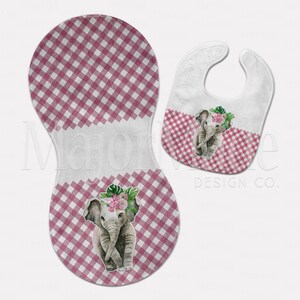 Elephant Bib and Burp Cloth, Pink Plaid Bib, Baby Shower Gift, Welcome Baby Gift, Bib and Burp Cloth Set, Custom Baby Accessories